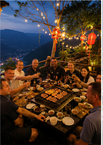 Begr&uuml;&szlig;ungsessen im Mountain BBQ in Chongqing, China