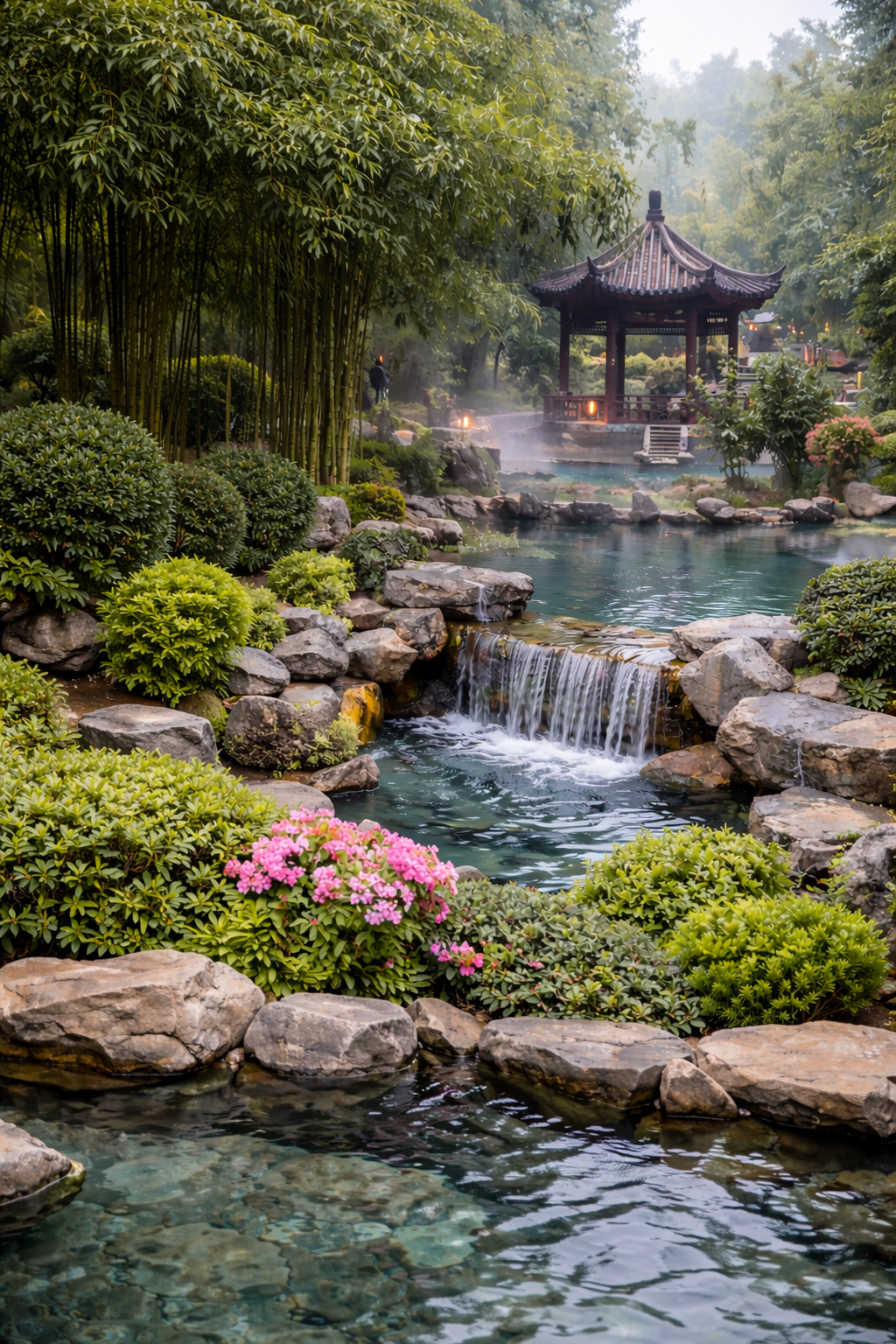 Malerische Gartenanlage und Umgebung am Becken bei den Ronghui-Thermalquellen