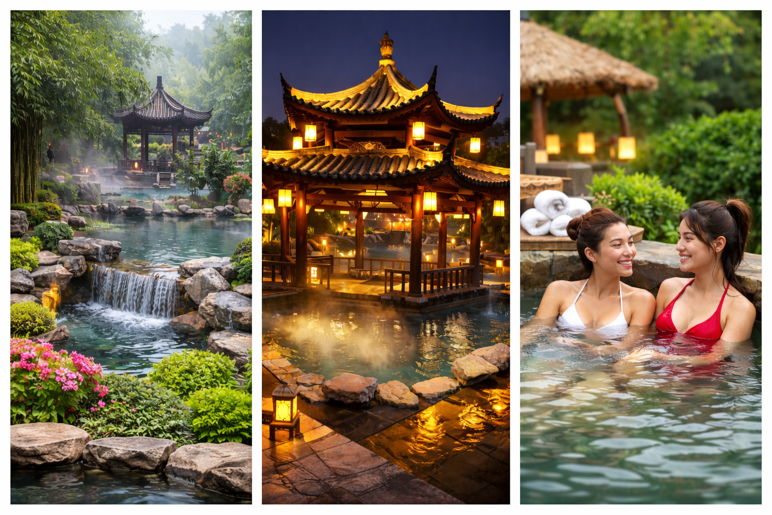 Ronghui-Thermalquellen in Chongqing mit aufsteigendem Dampf &uuml;ber dem gro&szlig;en Au&szlig;enbecken