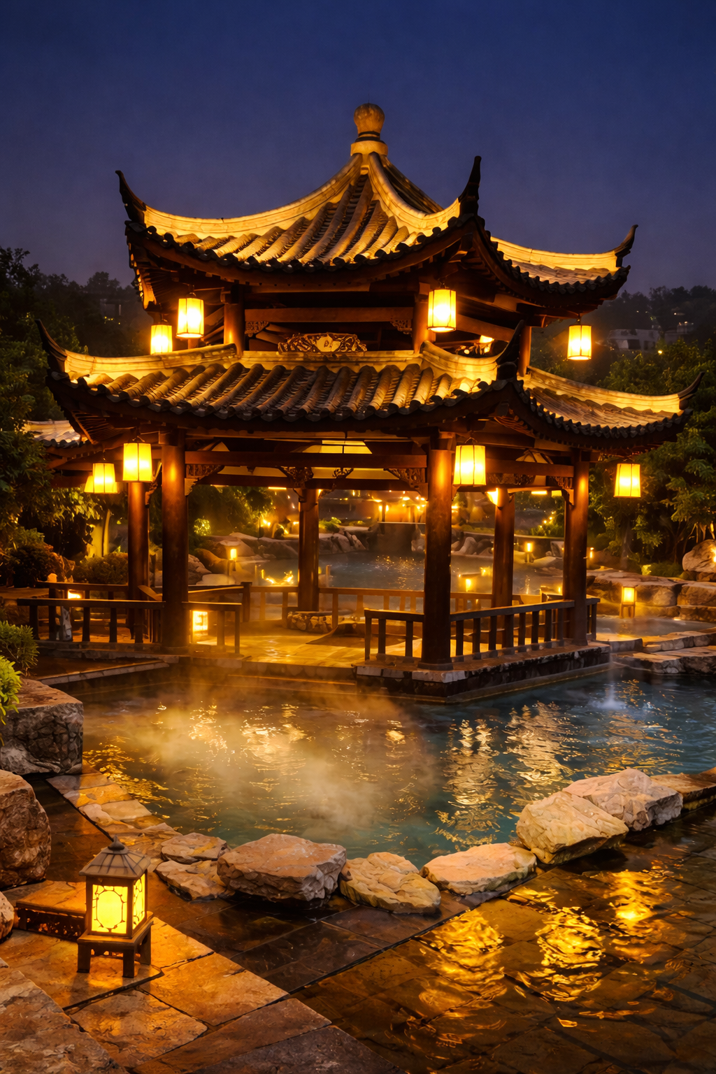 Überdachter Thermalbereich mit Dampf und Naturstein bei den Ronghui-Thermalquellen