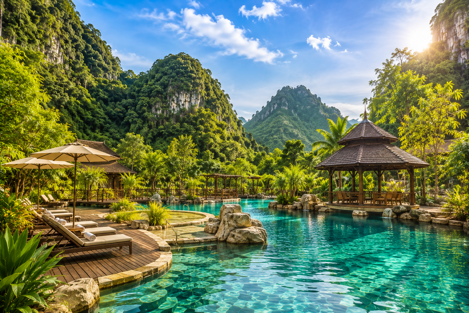 Pool und Kalksteinh&uuml;gel im Banjaran Hotsprings Retreat in Malaysia