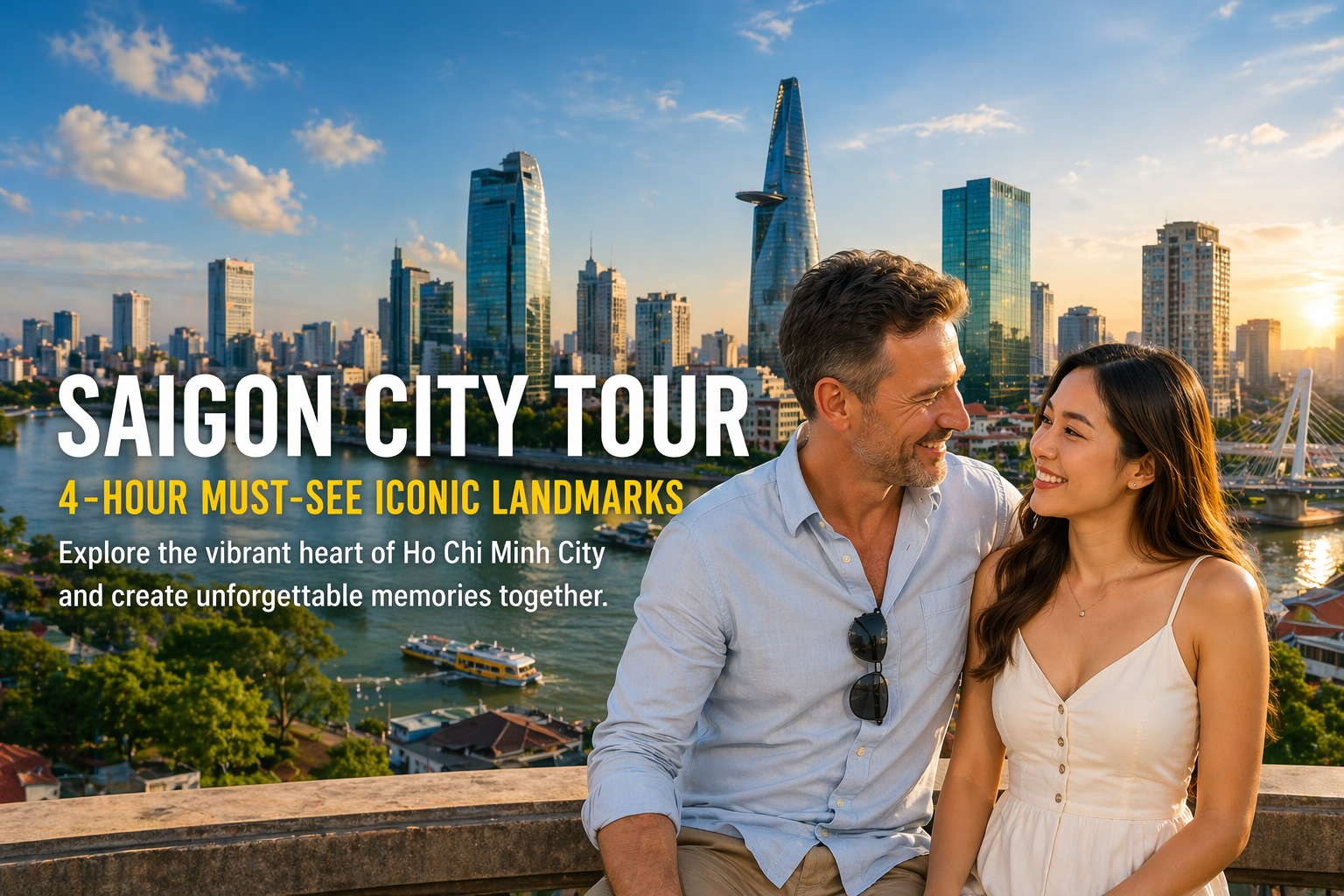 Saigon-Stadtrundfahrt mit der Skyline von Ho-Chi-Minh-Stadt und einem Paar bei einer Besichtigung in Vietnam